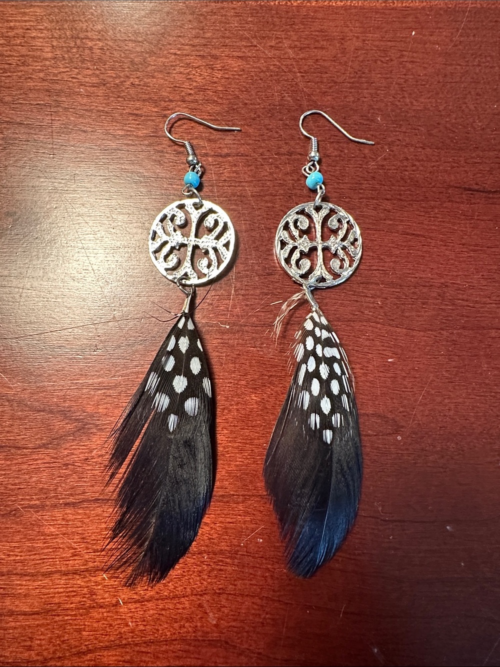 Boho Feather Drop Earrings with Silver Filigree and Turquoise Bead